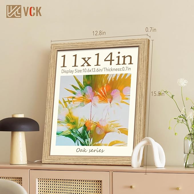 VCK 11x14 Beige Oak Picture Frames 3 Pack, High-End Wood Wide Border Poster Frame, Multi-Directional Display Family Photos, Office Prints, Studio/Gallery/Home Artwork