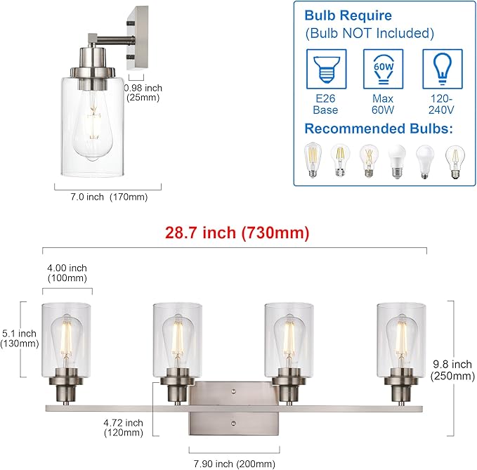 MELUCEE Bathroom Light Fixtures Brushed Nickel 4 Heads Modern Vanity Lights Wall Sconce with Clear Glass Shade for Hallway Kitchen Bedroom Living Room (Patent No.: US D963914 S)