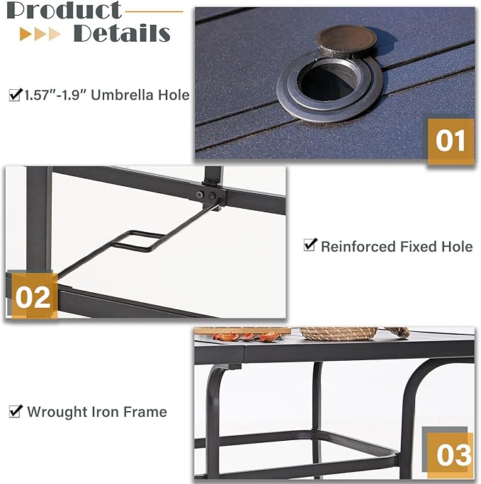 Patio Outdoor Table and Chairs Set with Umbrella Navy, Patio Dining Sets for 6, 7 Pieces Patio Table Set Clearance for Backyard Deck Porch Outside, Metal Table with Hole & Cushioned Rattan Chairs