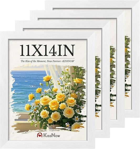 11x14 Picture Frame 4 Pack, White Solid Wood, Wall Gallery Poster Frame