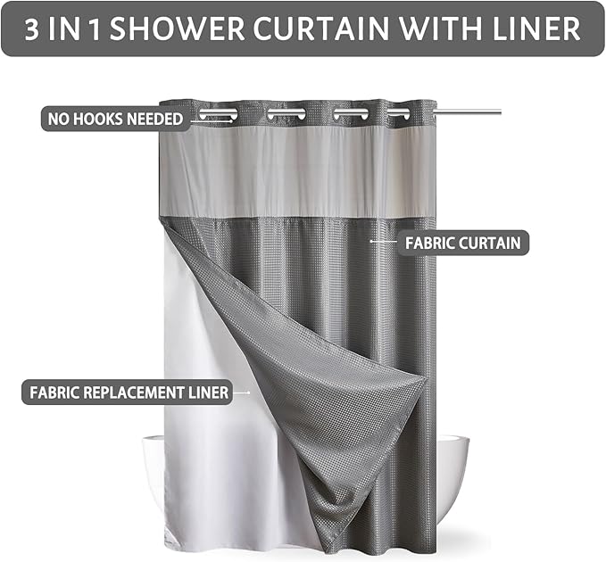 Furlinic Stall Size No Hook Shower Curtain with Snap in Liner,Waffle Weave Heavy Duty Fabric Bathroom Curtains with See Through Top Window,Waterproof & Machine Washable,Grey,54x80 Inch