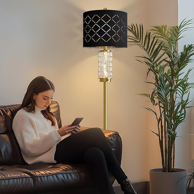 Oneach 63.75" Floor Lamp for Living Room, Modern Gold Lamp with LED Glass Night Light, Vintage Standing Lamp with Black Drum Lampshade, Unique Luxury Tall Lamp for Bedroom Home Office(Bulb Included)