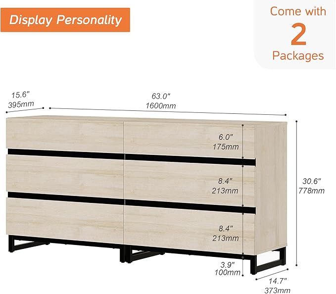 Wampat Modern TV Stand for 70 inch TVs, Entertainment Center Console Table with 6 Drawers, Metal Base, Living Room, Bedroom, Light Oak