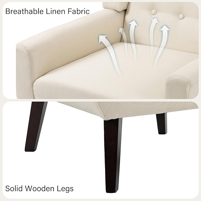 Accent Chair, Mid-Century Modern Fabric Chairs with Arms for Living Room, Comfy Upholstered Club Single Sofa Armchair for Bedroom Waiting Room with Solid Wood Frame (Fabric White, Set of 1)