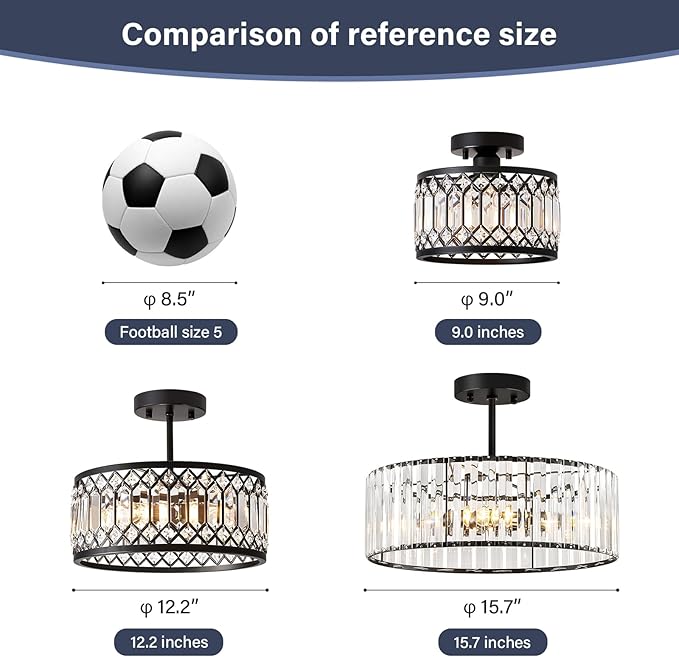 Crystal Black Ceiling Light, Modern Semi Flush Mount Ceiling Lighting Fixture, Round Hallway Lighting Fixtures Chandelier for Kitchen Entryway Bedroom Dining Room, 3-Light, 15.7 Inch