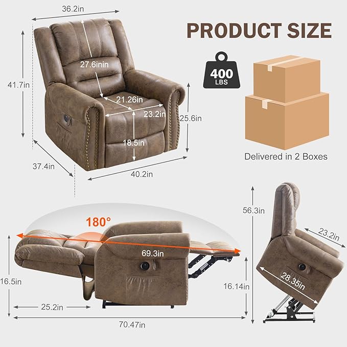 CDCASA Dual Motor Lay Flat Lift Chairs Recliners for Elderly w/Massage and Heat, Breathable Leather Infinite Position Large Sleeping Electric Power Lift Chair Recliner for Seniors, Matte Brown