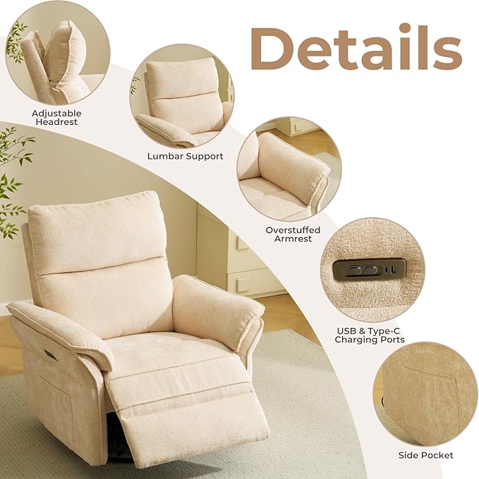 Oversized Power Recliner Chairs for Adults with Massage and Heat, Power Swivel Rocker Recliner Chair with Adjustable Headrest, 26" Extra Wide Rocker Nursery Recliner with USB Port, Beige