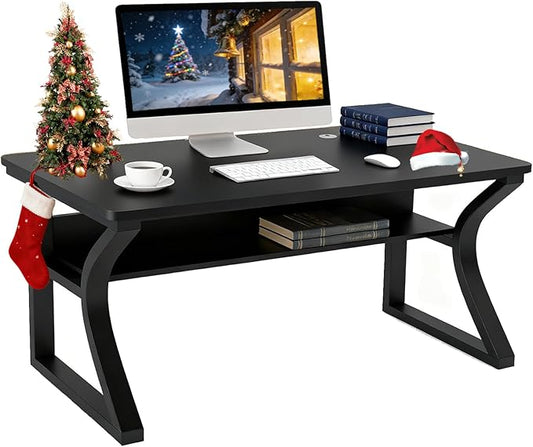 47 inch Computer Desk, Home Office Desk with Storage Shelf, Sturdy U-Shaped Metal Frame Study Table with Cable Management, Gaming Desk for Office & Bedroom (Black, 47 inch)
