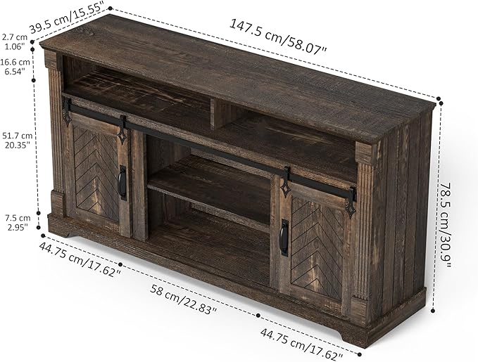 Farmhouse TV Stand for 65+ Inch TV, 31" Tall Entertainment Center with Adjustable Shelf, Rustic Media Console with Sliding Barn Door, Wood Television Stand for Living Room, Dark Rustic Oak