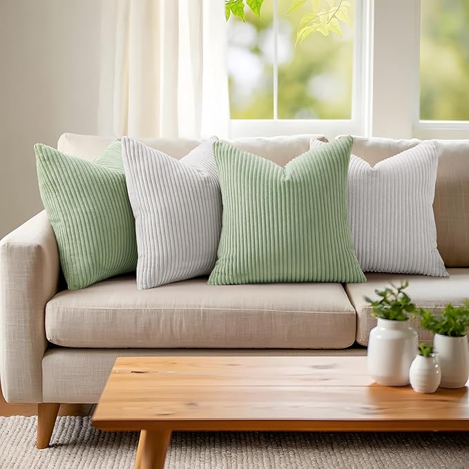 Mecatny Corduroy Decorative Throw Pillow Covers 26x26 Set of 2 for Sofa Living Room, Soft Neutral Boho Couch Pillow Covers for Home Decor, Sage Green