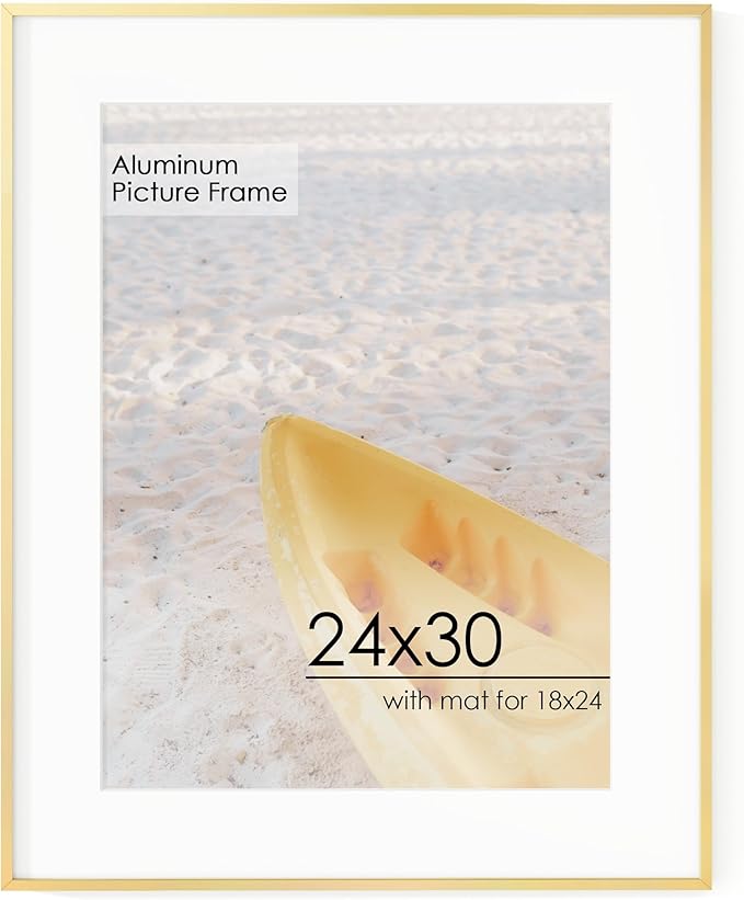 24x30 Metal Picture Frame for Wall With Mat for 18x24, 24''x30'' Aluminum Photo Frames With Tempered Glass for Home Decor, Minimalist Modern Poster Frame Horizontal And Vertical Formats, Gold
