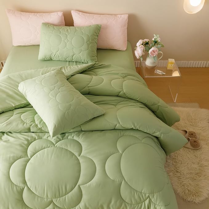 Luxlovery Sunflower Sage Green Comforter Set Full Light Green Quilts Big Flowers Bedding Comforter Set Botanical Farmhouse Soft Breathable Bohemian Comforter Women Girls