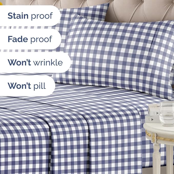 Blue Checkered Sheet Set - 1 Flat & 1 Fitted Sheet & 2 Pillowcases w/ Deep Pockets - Grid, Plaid, Gingham Pattern Bed Set - Comfy, Wrinkle & Fade Resistant - Soft, Breathable and Cooling - King Size