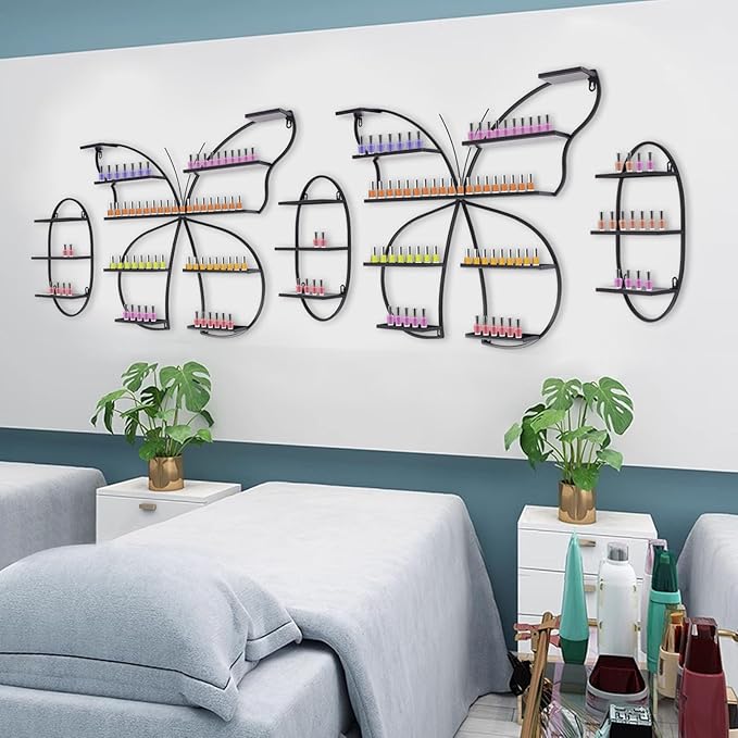 Nail Polish Rack, 5PCS Butterfly-shaped Nail Polish Storage Rack Wall-mounted Metal Essential Oil Display Organizer Stand Holder for Home Spa Nail Salon Shop (Black)
