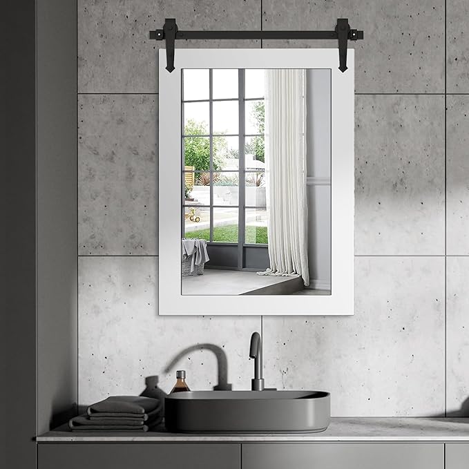 Farmhouse Bathroom Mirror for Over Sink 22”x32” Wood Frame Rustic Barn Door Bathroom Vanity Mirror, Wall Mirror for Bathroom, Living Room, Bedroom, Entryway (Bright White)