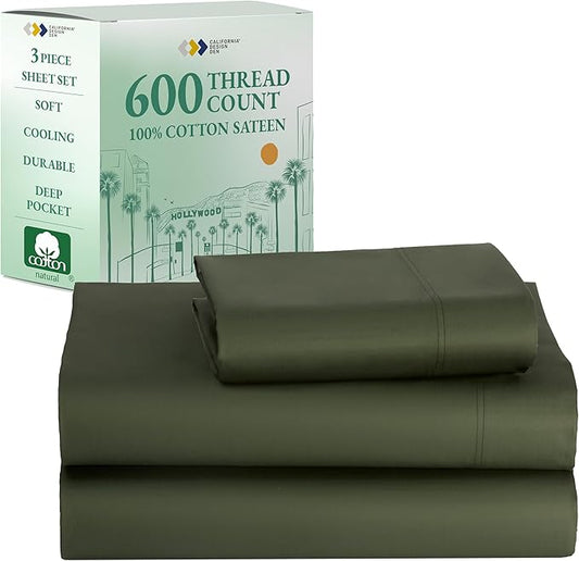California Design Den 100% Cotton Twin Sheets Set - Luxury 600 Thread Count, Sateen Weave, Deep Pocket Twin Bed Sheets Cotton Set, Hotel Quality Bedding - Olive Green