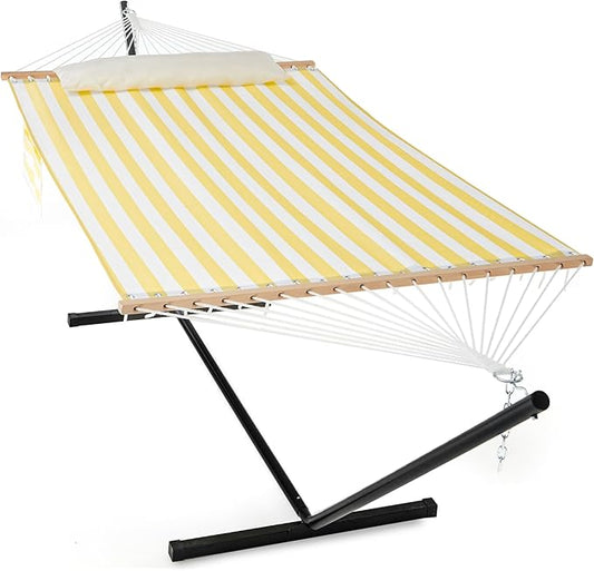 Waterproof Double Hammock with Stand for Outside 2 Person 55'' Large Quick Dry Textilene Hammocks with Hardwood Spreader Bar, Pillow, Pockets, for Outdoor, 475lbs Capacity (Yellow & White)