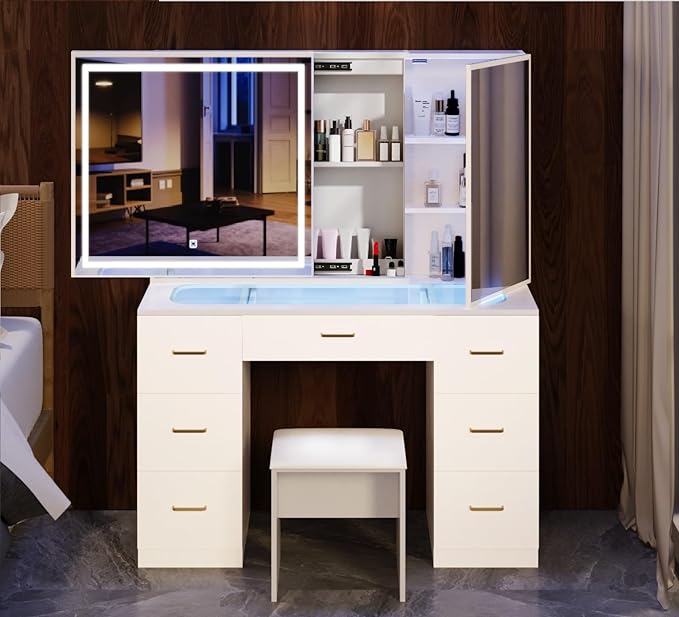 Vanity Desk with Lighted Mirror and Charging Station&Glass Tabletop, Sliding Mirror Makeup Vanity Table, Dressing Table with Hidden Storage Cabinet, Brightness Adjustable(Glass Tabletop-No Stool)