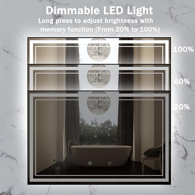 55" x 36" LED Bathroom Mirror with Lights Framed LED Mirror for Bathroom Backlit and Front Lighted Bathroom Mirror Black Square Aluminum Frame Anti-Fog Dimmable Adjustable Shatter-Proof
