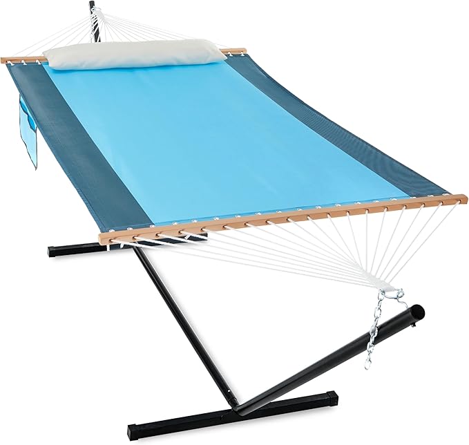 Waterproof Double Hammock with Stand for Outside Heavy Duty, 2 Person 55'' Large Quick Dry Textilene Hammocks with Hardwood Spreader Bar, Pillow, Side Pocket, 475lbs Capacity (Sky Blue)