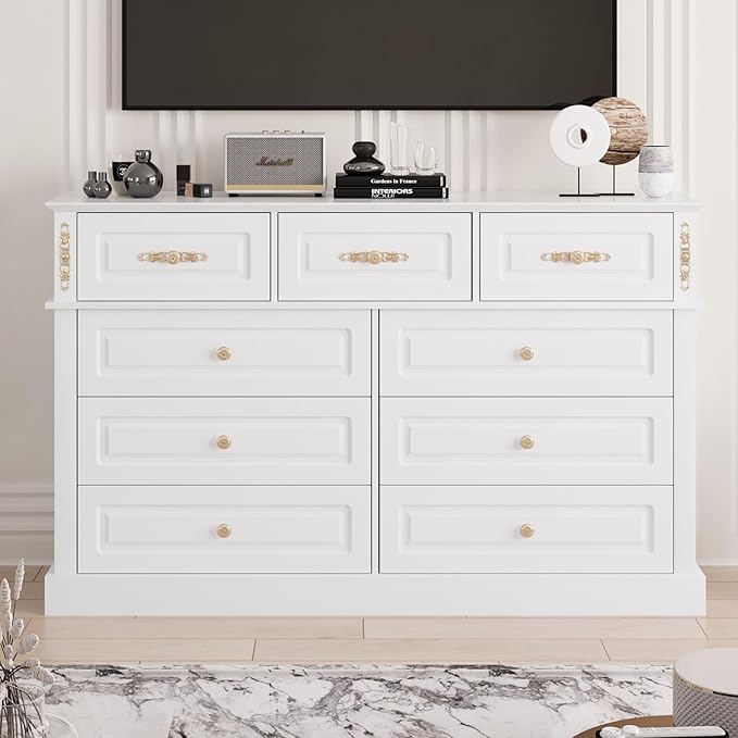 63Wx39H Large Dresser White,9 Drawers Dresser for Bedroom,Retro Chest of Drawers with Gold Knobs, Wooden Storage Dressers, Bedroom Storage Organizer for Closet, Living Room, Hallway