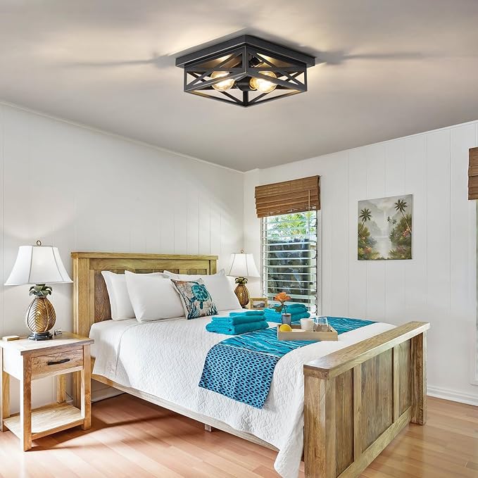 Farmhouse Flush Mount Ceiling Light for Kitchen,2-Light Modern Rustic Metal Finish Industrial Kitchen Ceiling Light Fixture for Bedroom, Hallway Entryway(Black & Gold Border)