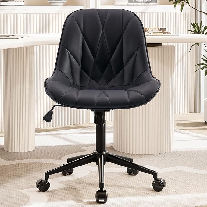 Rowill Modern Office Chair - Ergonomic Swivel Leather Desk Chair with Curved Backrest, Height Adjustable Rolling with Wheels, Perfect for Study Room & Office, Black