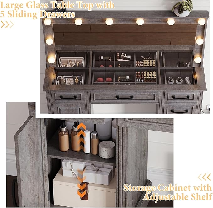 55" Farmhouse Vanity Desk with Large Mirror & Lights, Glass Top Large Makeup Vanity Table with 10 Hollywood Lights Bulbs, Charging Station, 5 Drawers, Dressing Table for Bedroom, Rustic Grey