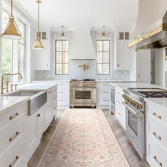 Area Rugs 2'x8' Washable Non-Slip, Floral Vintage Distress Print Pattern Medallion Carpet for Living Room Bedroom Dining Room, Pink Greypink Cute