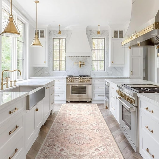 Area Rugs 2'x8' Washable Non-Slip, Floral Vintage Distress Print Pattern Medallion Carpet for Living Room Bedroom Dining Room, Pink Greypink Cute