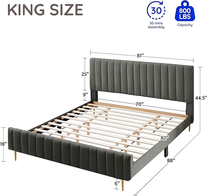 Livinia King Size Elton Velvet Platform Bed, Upholstered Bed Frame with Vertical Channel Tufted Headboard Footboard, Strong Wood Slats, No Box Spring Needed, Gray (King)
