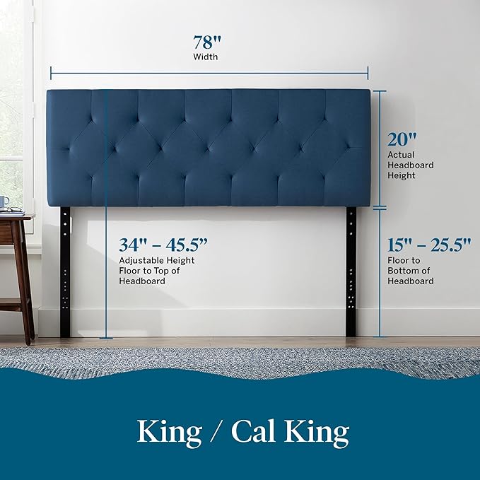 Lucid Mid-Rise Upholstered Headboard - Diamond Tufted - Padded Polyester - Adjustable Height from 34” to 46” - Easy Assembly - Bed Frame or Wall Mount - Sturdy - Cobalt - King / Cal King Size