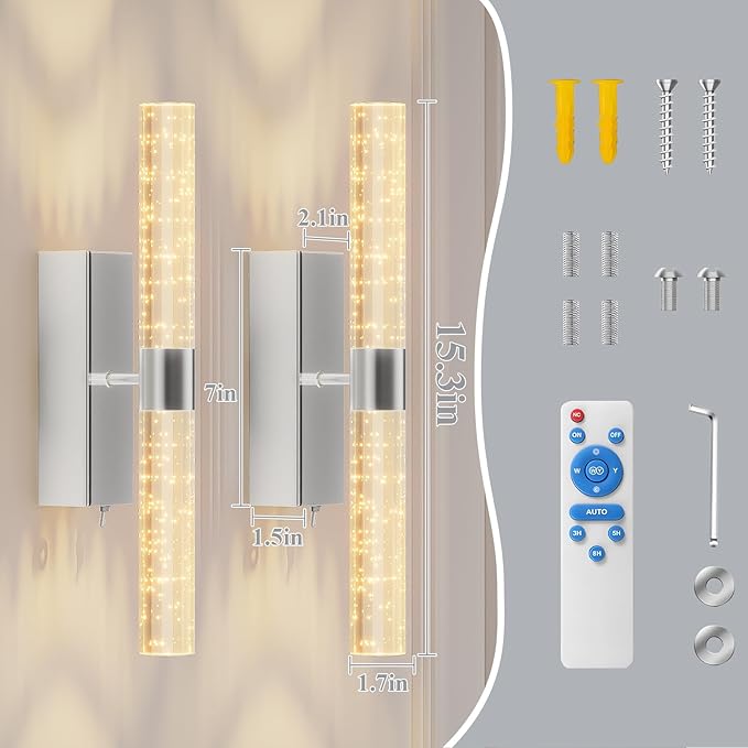 Battery Operated Sliver Wall Sconces Set of 2 Rechargeable Battery Powered Wall Light with 12000mAh Indoor Not Hardwired Dimmable Wall Lamp Fixtures for Bedroom Living Room 15.3 Inches