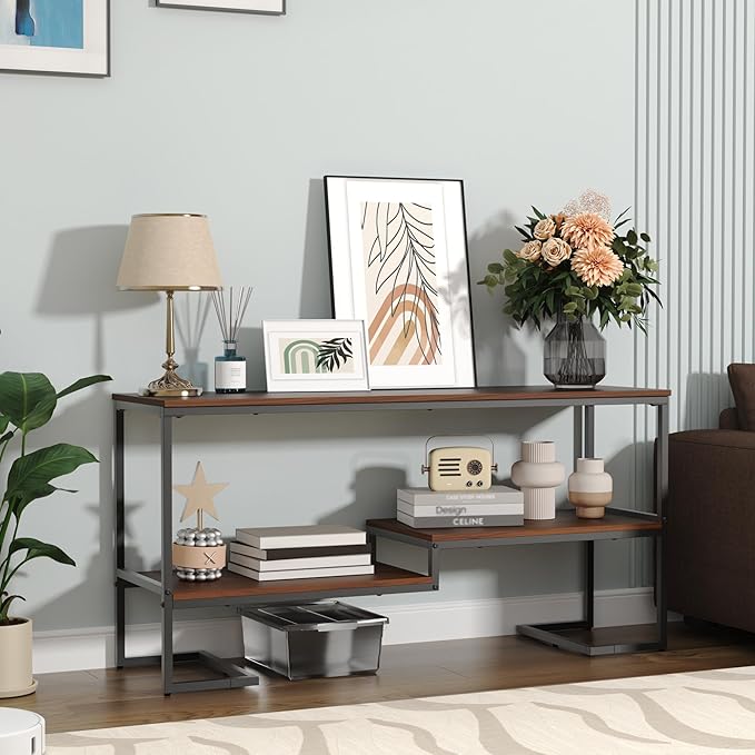 TV Stand for TV up to 60 Inch, TV Console Table with Open Storage Shelves, Industrial Media Entertainment Center for Living Room, Bedroom, Brown and Black