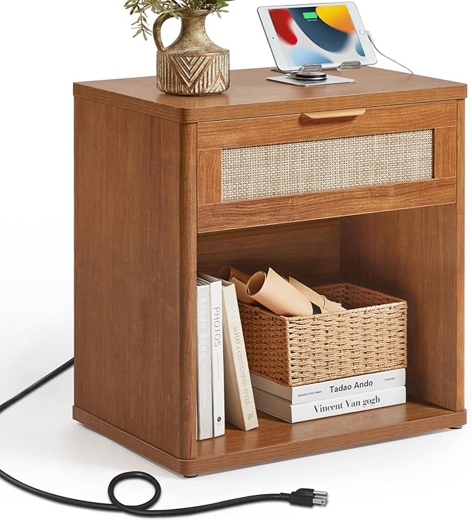 LEYAOYAO Rattan Nightstand with Charging Station, 23" Wide Boho Night Stand with Drawer, Natural Wood Bedside Table Open Storage Cabinet, Bed Side End Tables Dresser for Bedroom, Living Room, Hallway