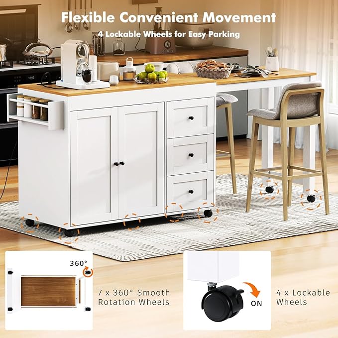 74.8" Rolling Kitchen Island with Extendable Dining Table, Kitchen Storage Cart with 3 Drawers and Power Outlet, Mobile Island Table with Spice Rack and Double-Door Cabinet (White)