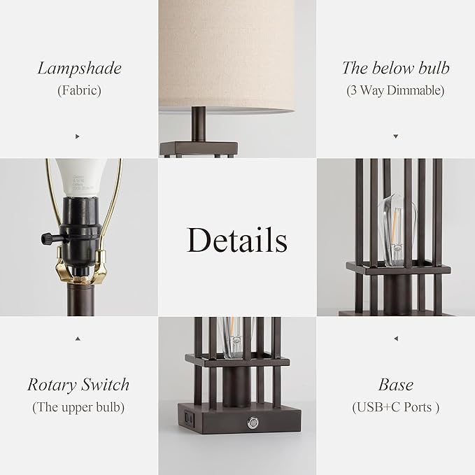 29.5" Table Lamps for Living Room Set of 2, Farmhouse Table Lamps with USB C+A Ports, Touch Control Bedside Lamps with Oil Rubbed Bronze Finish, Bulbs Included