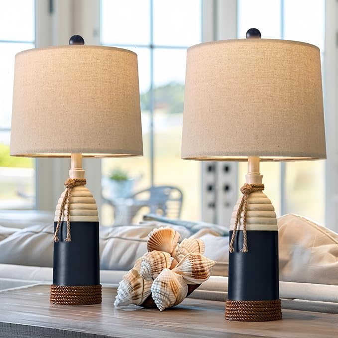 OYEARS 23.75" Table Lamps Set of 2, Bedside Lamps for Nightstands, Nautical Table Lamps for Living Room, Coastal Ocean Beach Style, Resin, Navy Blue