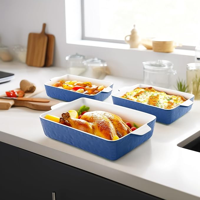 Casserole Dishes for Oven, Ceramic Baking Dishes, Lasagna Pan with Handles, Porcelain Baking Pan Deep, Bakeware for Baking, Cooking, Wedding Gift, Set of 3 (11.6" x 7.8", Dark Blue)