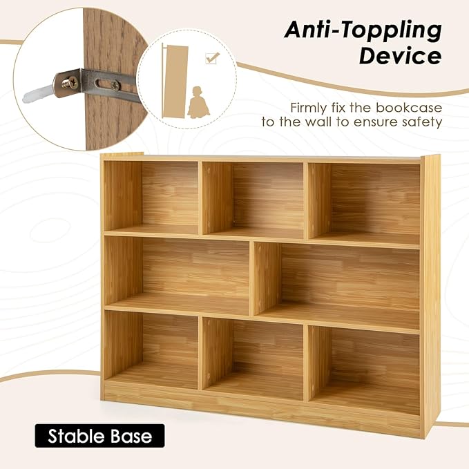 Toy Storage Organizer, 3-Tier Kids Bookshelf, 8 Cube Kids' Bookcases, Cabinets & Shelves, Wooden Toy Organizers, Small Book Shelf for Bedroom, Playroom, Classroom, Nursery (Burlywood)
