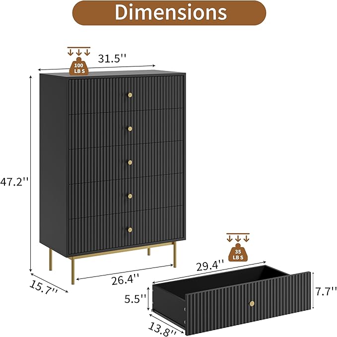 5 Drawer Dresser for Bedroom, Tall Dresser Chest of Drawers with Gold Handles, Wood Storage Cabinet for Bedroom, Black
