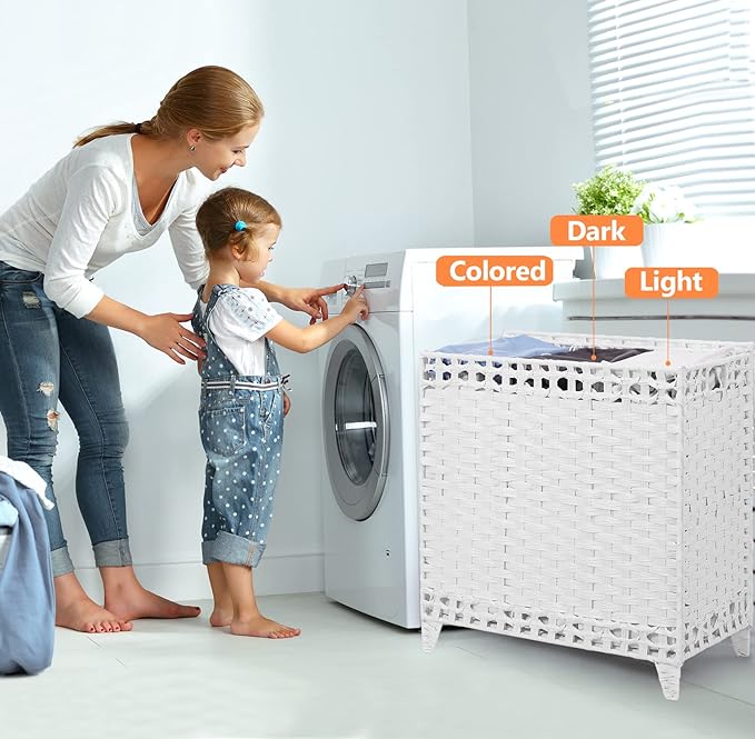 Laundry Hamper with 3 Removable Liner Bags; 132L Handwoven Rattan Laundry Basket with Lid & Heightened Feet; Clothes Hamper with Side Handles; Laundry Sorter with 3 Separate Sections (White)