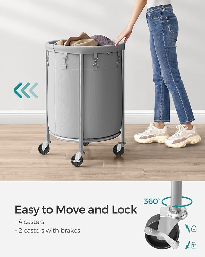 SONGMICS 29-Gallon (110 L) Laundry Basket with Wheels, Rolling Round Heavy-Duty Laundry Hamper Cart with Steel Frame and Removable Bag, 2 Locking Wheels, Gray and Metallic Silver URLS002G01