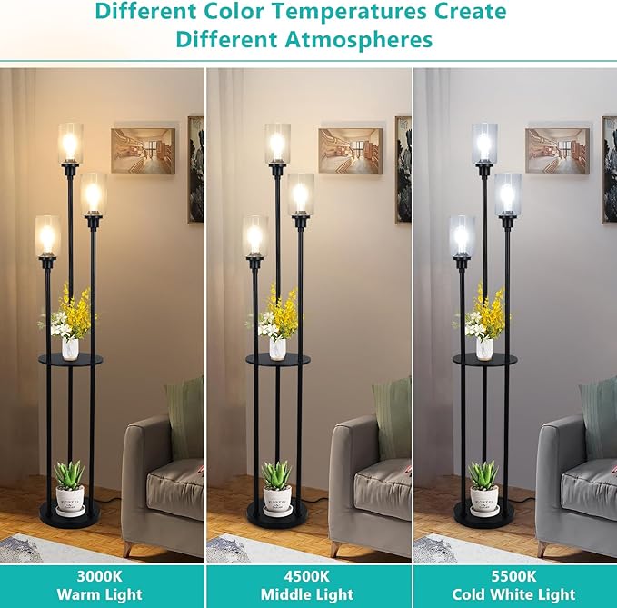 HMVPL Floor Lamps for Living Room, 3-Lights Modern Floor Lamp with Shelves, Farmhouse Standing Lamp with Glass Shades, On/Off Foot Switch, Black Industrial Tall Lamp for Bedroom Office Corner(66")