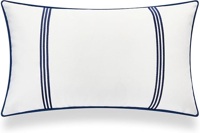 Hofdeco Premium Coastal Hampton Style Patio Indoor Outdoor Lumbar Pillow Cover Only, 12"x20" Water Resistant for Backyard, Couch, Navy Blue Embroidered Vertical Line