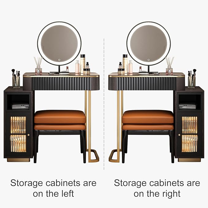 Lartis Makeup Vanity, with LED Makeup Mirror, Three Adjustable Light Levels, Tempered Teal Glass countertop,White Wax Wood Makeup Stool