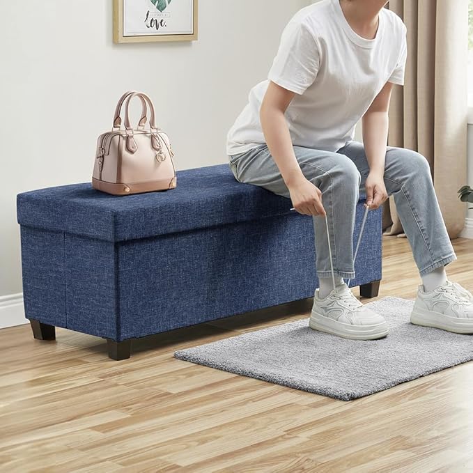 Ornavo Home 43 Inch Storage Ottoman, Large Storage Bench, Ottoman with Storage with Legs, Foot Rest Stool, Bedroom Bench - Navy Blue