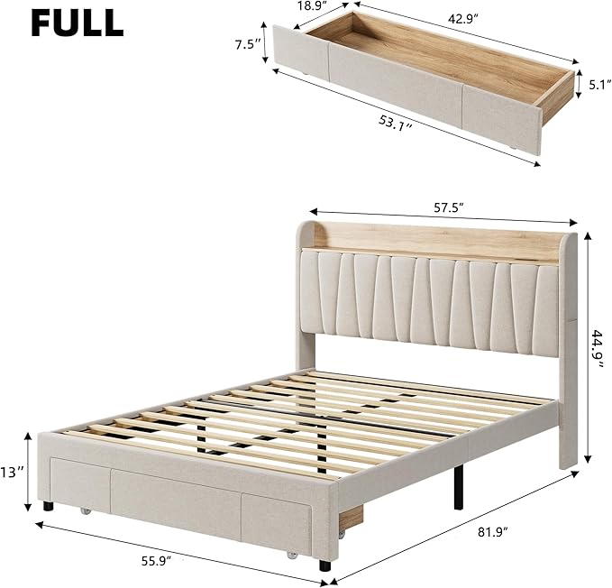GarveeHome Upholstered Bed Frame with Storage Headboard and Charging Station, Platform Bed Frame with Drawers, Heavy Duty, No Box Spring Needed, Easy Assembly, Beige, Full Size