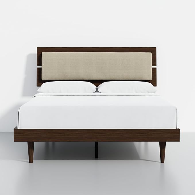 Modern Solid Wood Platform Bed with Adjustable Headboard with Cushion – No Box Spring Needed,Fast Assembly – Full Size in Walnut