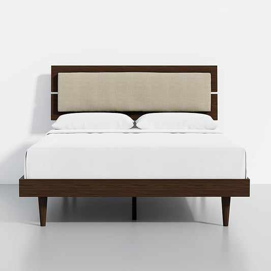 Modern Solid Wood Platform Bed with Adjustable Headboard with Cushion – No Box Spring Needed,Fast Assembly – Full Size in Walnut